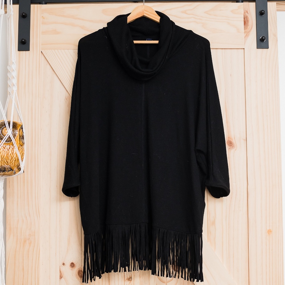 Preowned Black Terre Bleue Oversized Cowl Neck Fringe Edge Sweater Size X Large